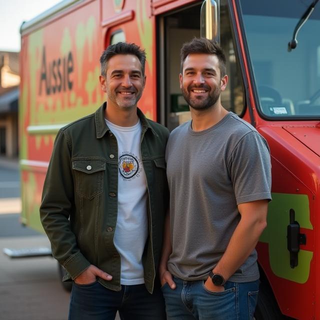 Founders of Aussie Street Bites posing beside food truck