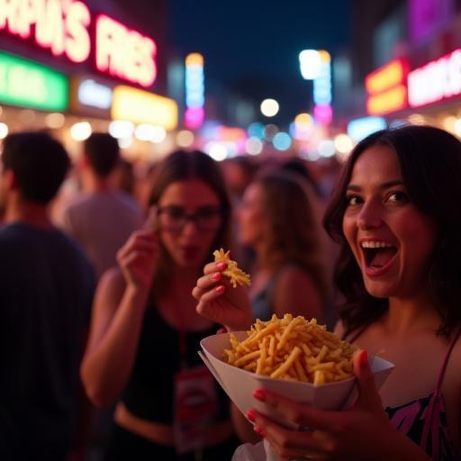 Festival attendees enjoying loaded fries at night market