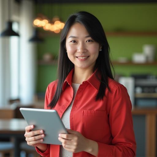 Operations Manager Sara Ng holding tablet